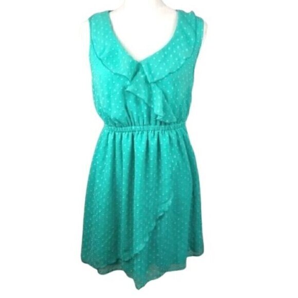 VANITY Aqua Seafoam Green Blue Swiss Dot Textured Mini Surplice Faux Wrap Dress - Picture 1 of 16